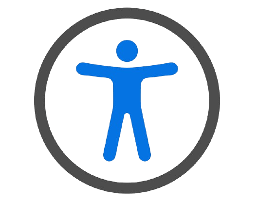 Icon representing "Universal Access". It depicts a blue human stick figure standing up with arms stretched wide, within a dark gray circle. This icon is used to indicate additional accommodations are available. You might see this icon in public places like airports, or within the settings area of video game menus. 