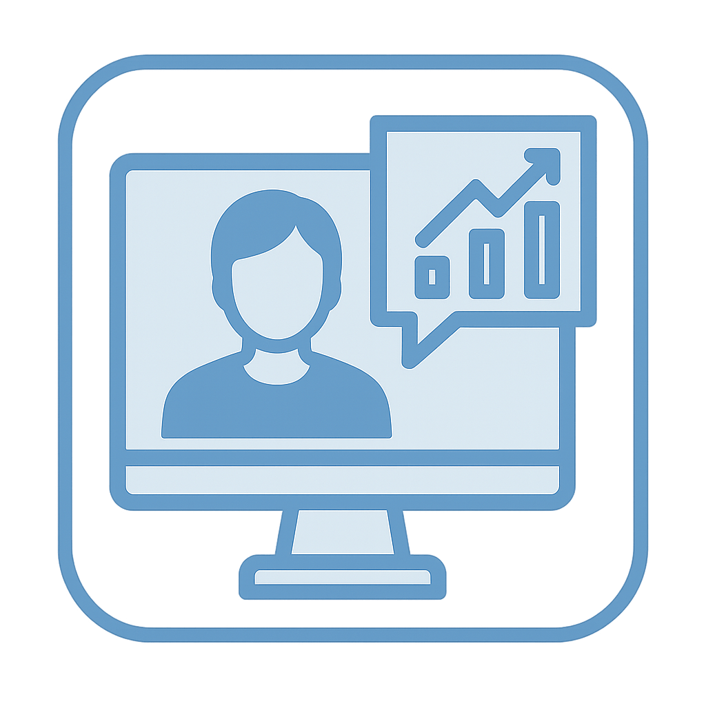 An image of an instructor appearing within a monitor. A chart in the upper right corner represents growth.