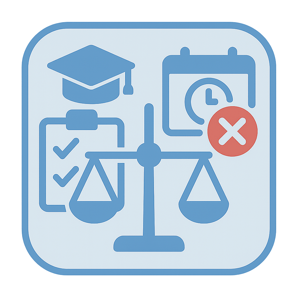Icon showing a graduation cap, checkmark, scale, and a calendar with a red X obscuring it.